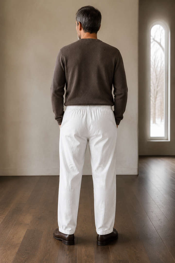 Cotton linen drawstring trousers White back view