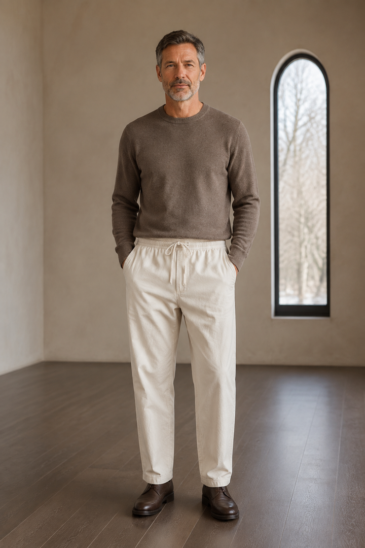 Cotton linen drawstring trousers Beige front hero