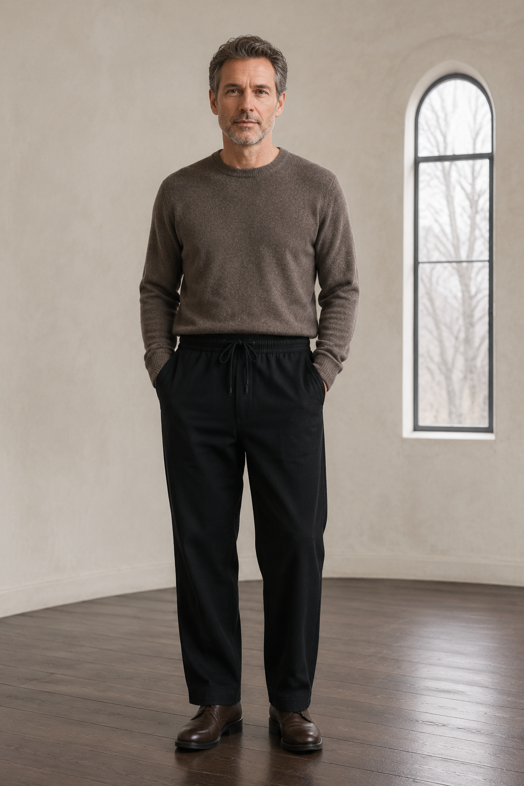 Cotton linen drawstring trousers Black front hero