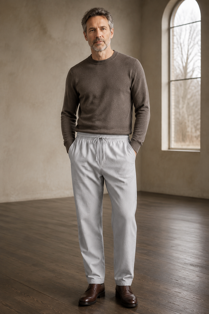 Cotton linen drawstring trousers Grey front hero