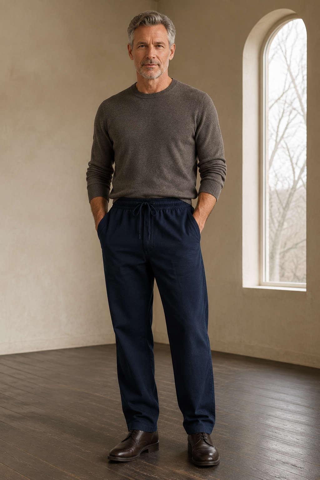 Cotton linen drawstring trousers Navy front hero