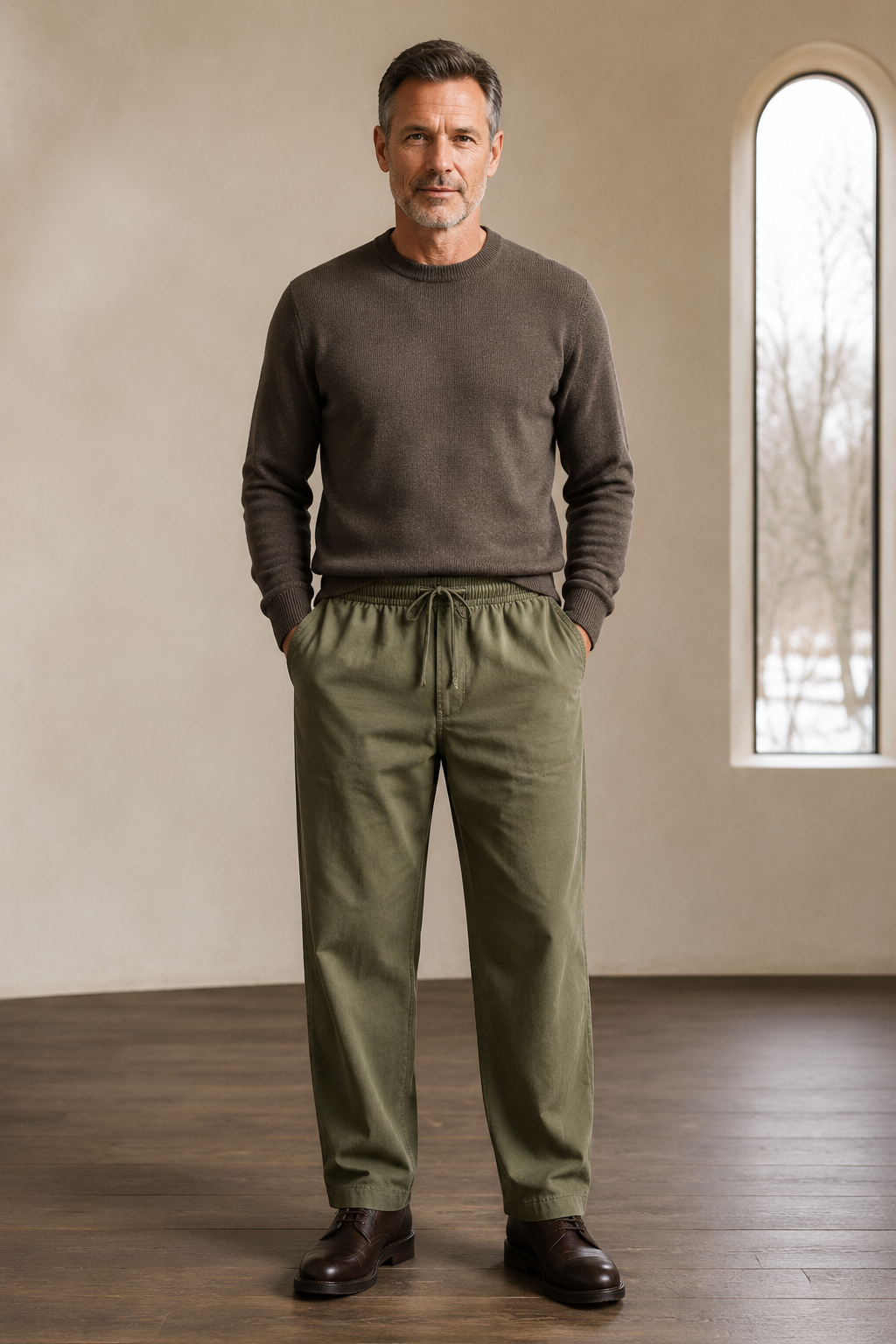 Cotton linen drawstring trousers Olive front hero