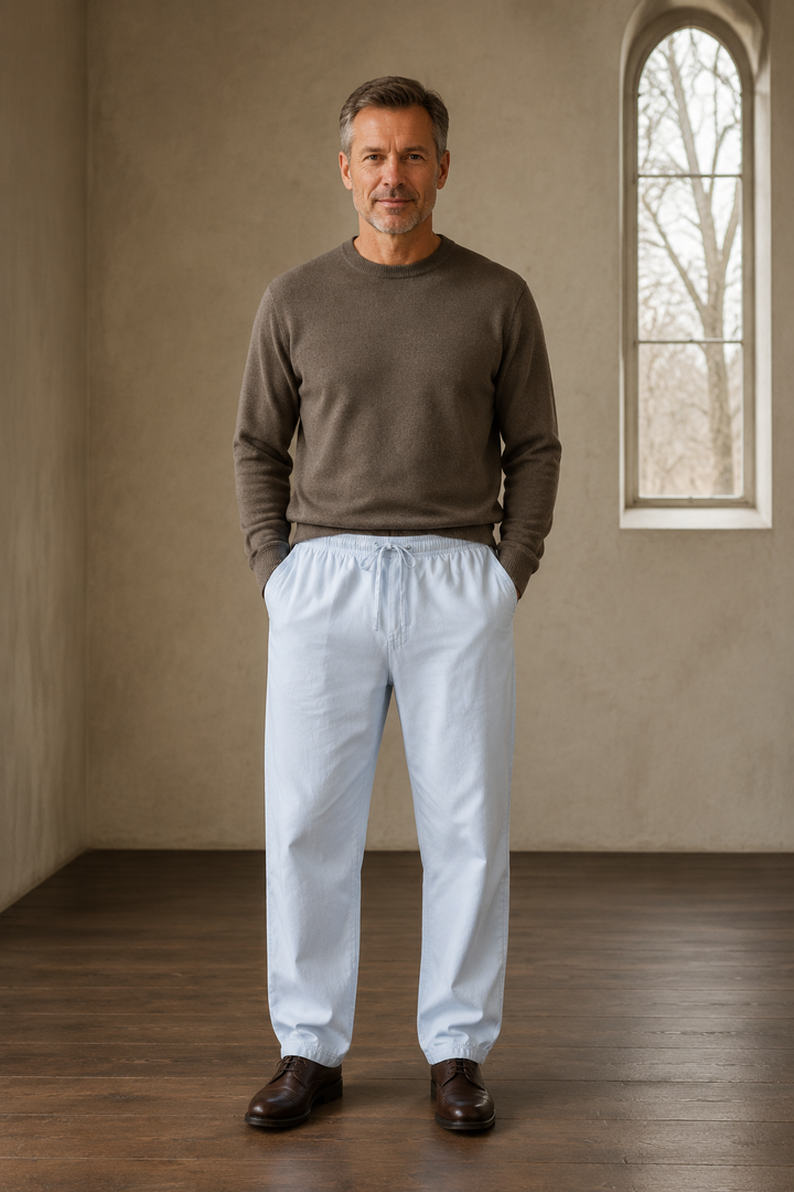 Cotton linen drawstring trousers Sky blue front hero