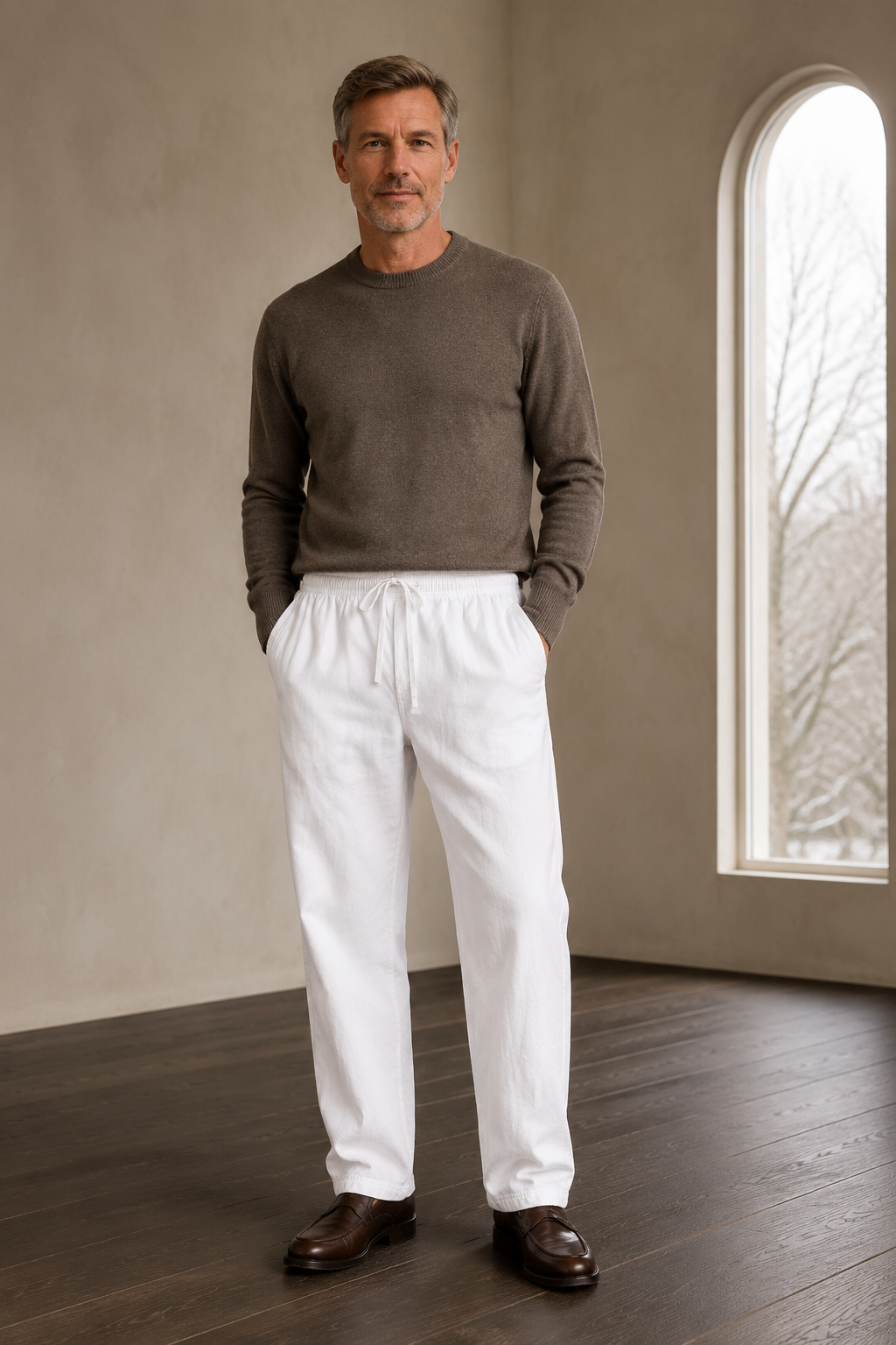 Cotton linen drawstring trousers White front hero