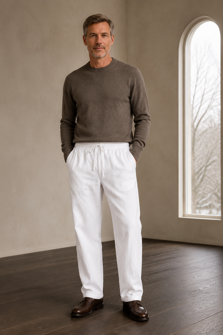 Cotton linen drawstring trousers White front hero