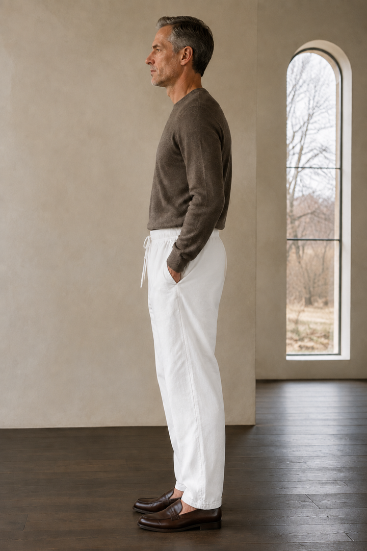 Cotton linen drawstring trousers White side view