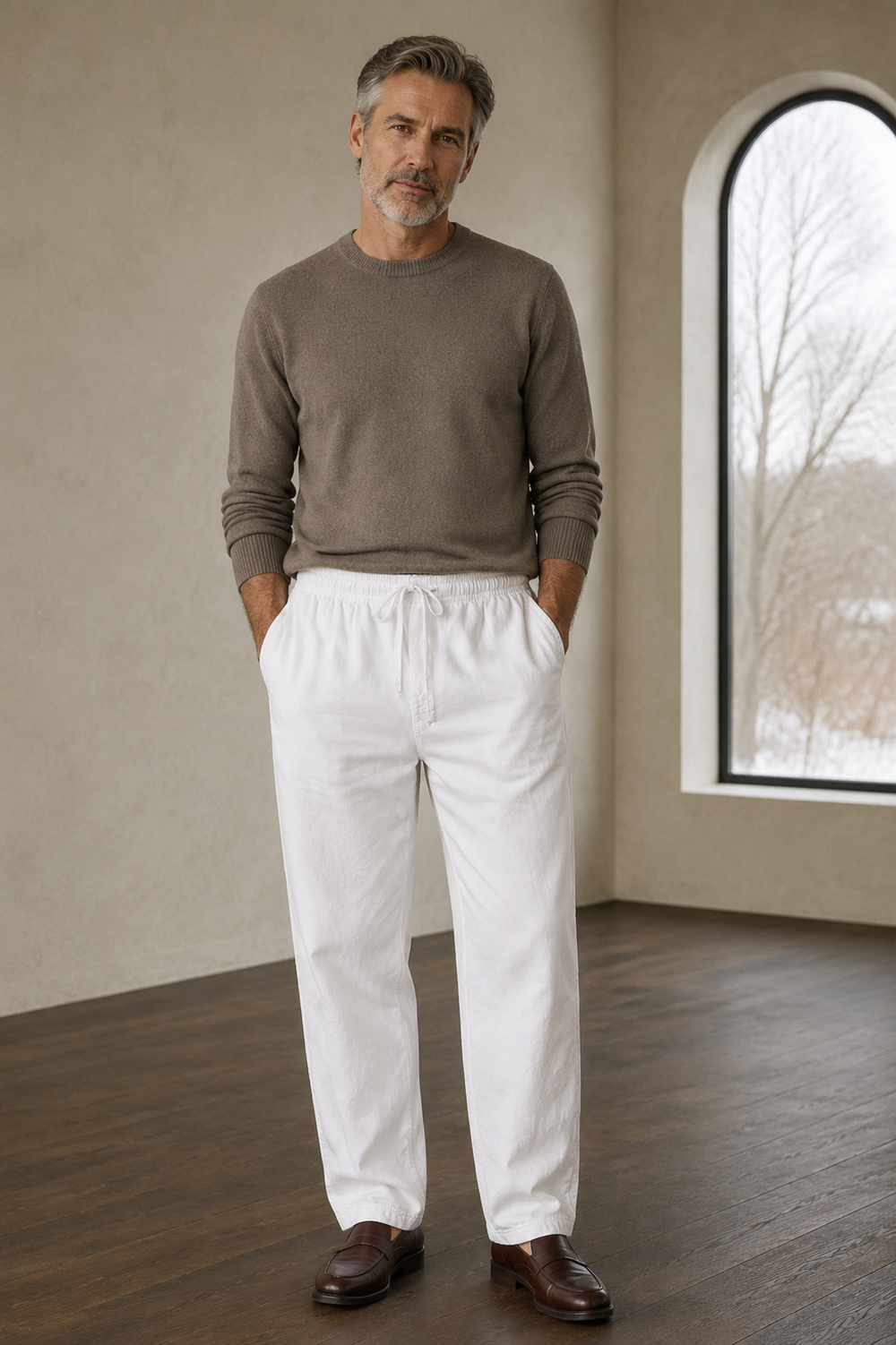 Cotton linen drawstring trousers White waist to hem