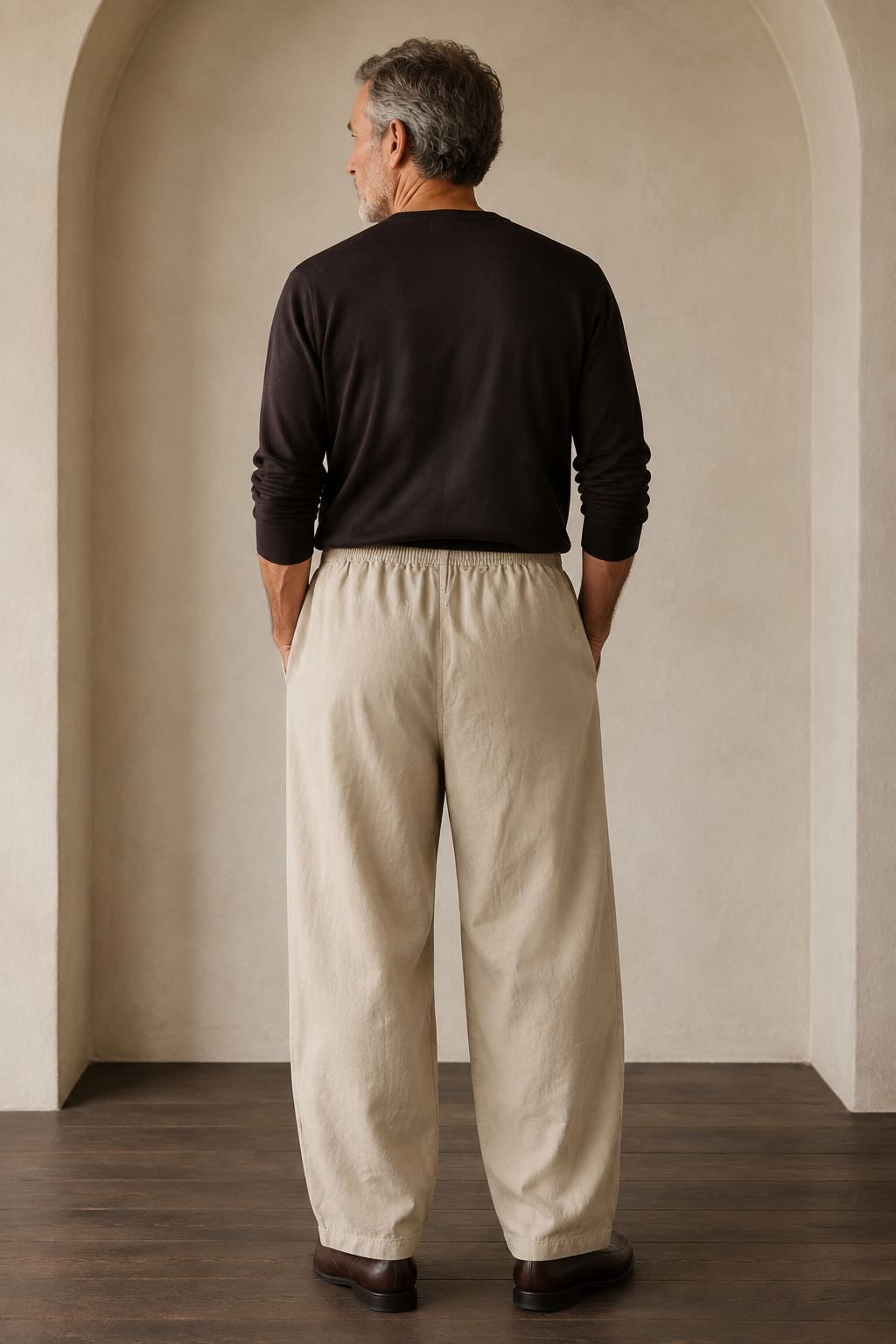 Beige relaxed wide leg trousers back view