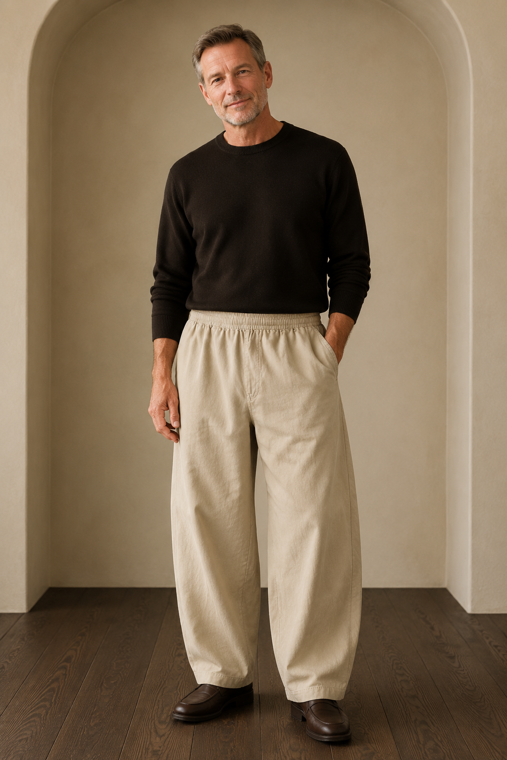 Beige relaxed wide leg trousers front hero