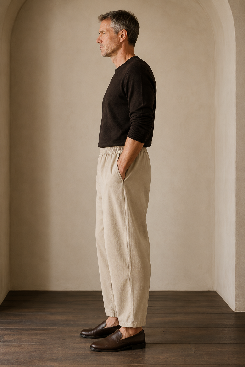 Beige relaxed wide leg trousers side view