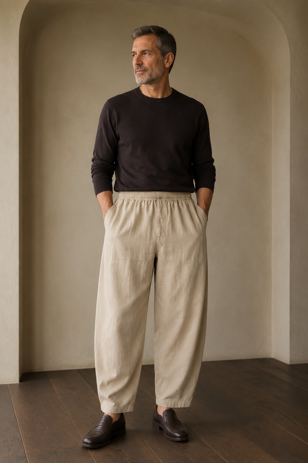 Beige relaxed wide leg trousers waist to hem