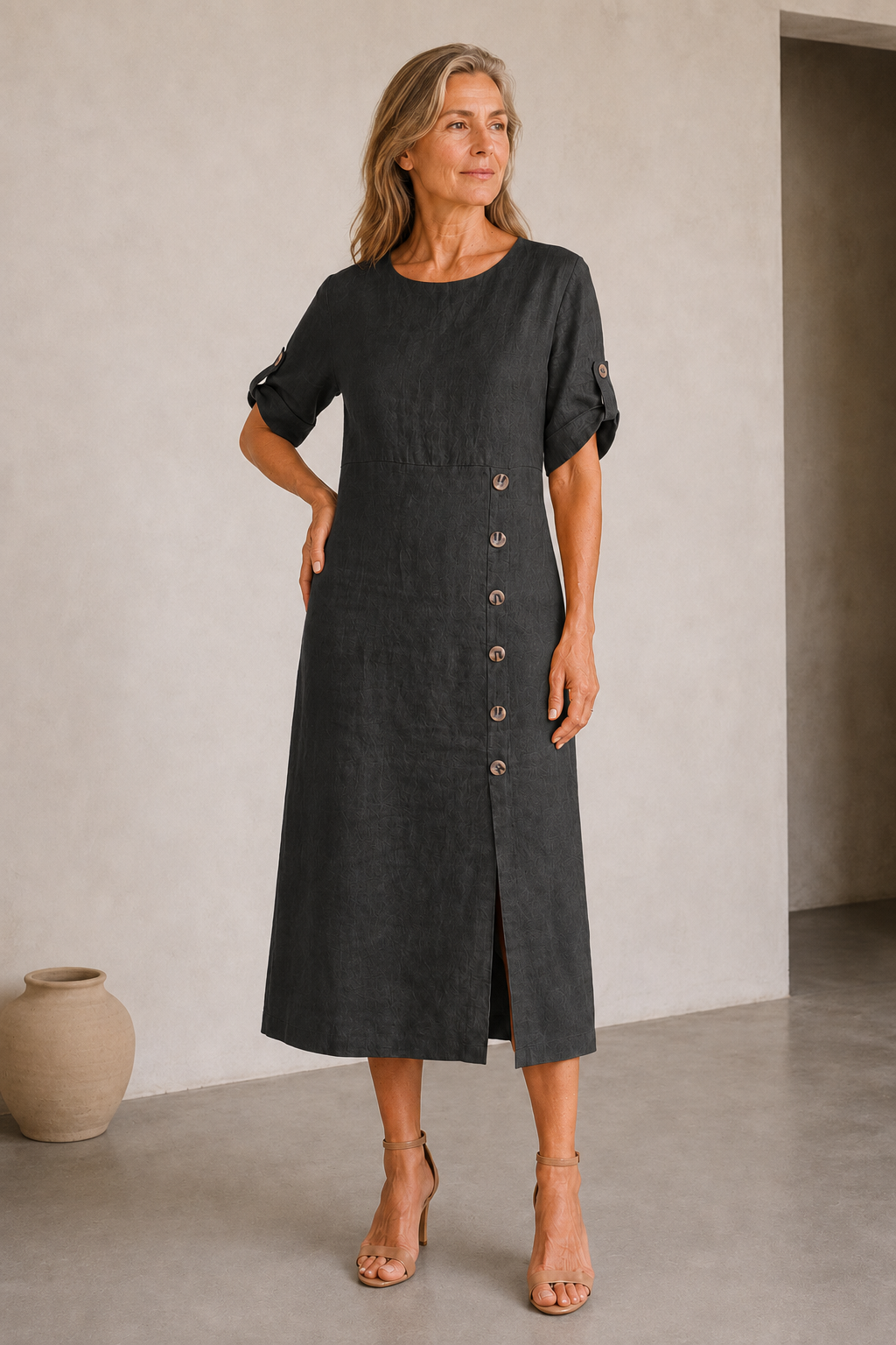 Cotton Linen Side Split Dress - Black