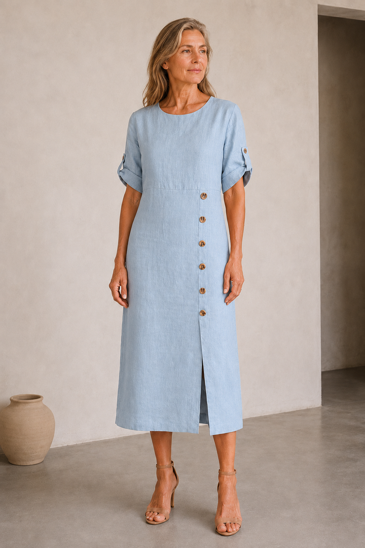Cotton Linen Side Split Dress - Blue