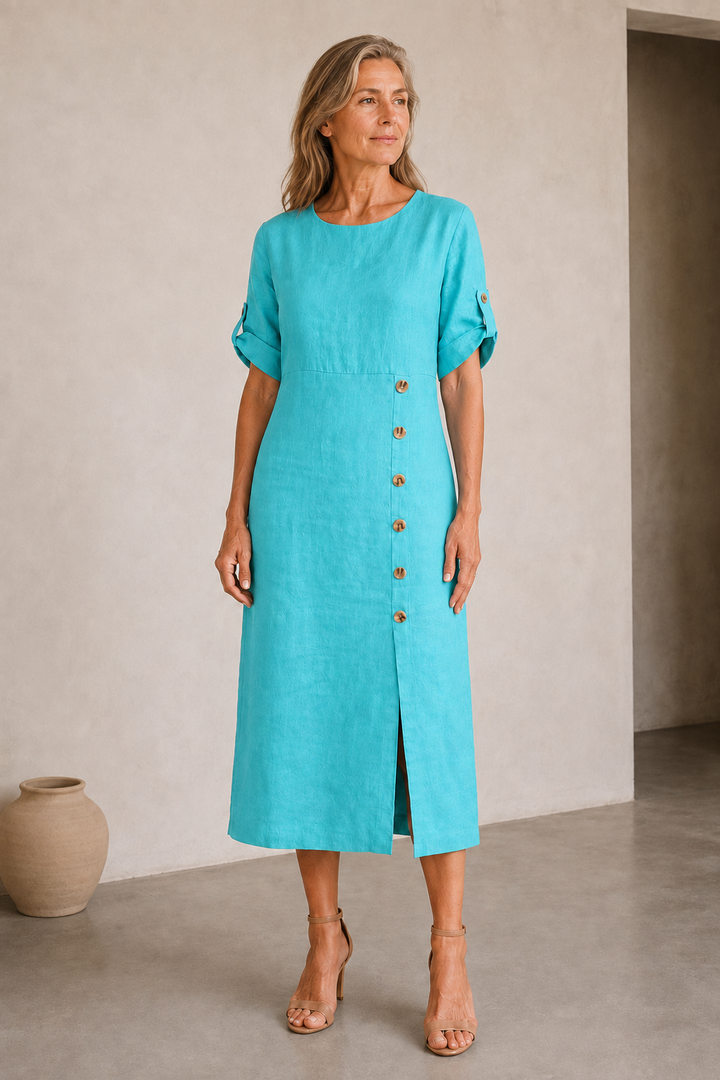 Cotton Linen Side Split Dress - Cyan