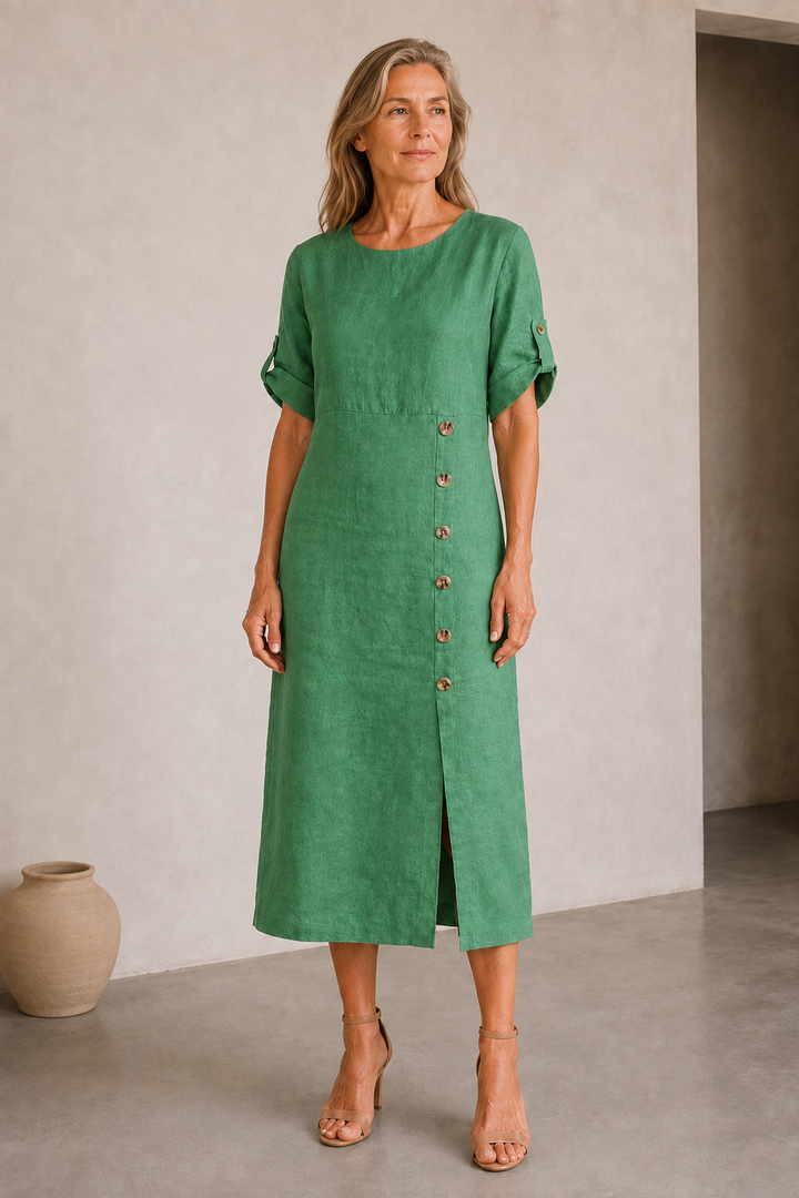 Cotton Linen Side Split Dress - Green