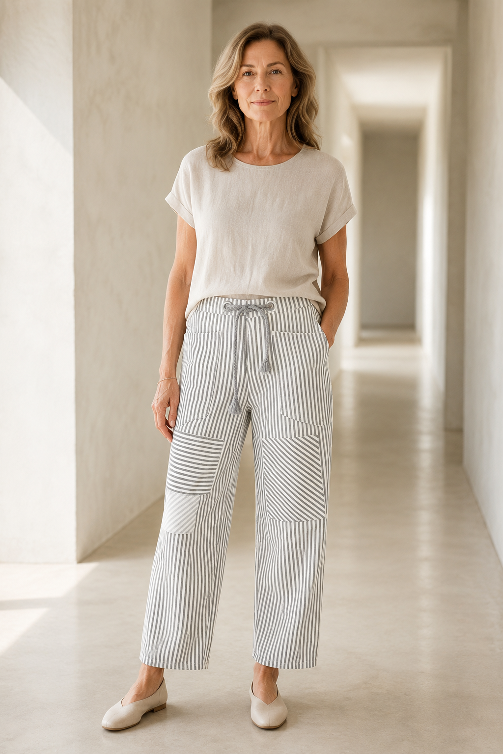 Cotton Linen Striped Drawstring Trousers