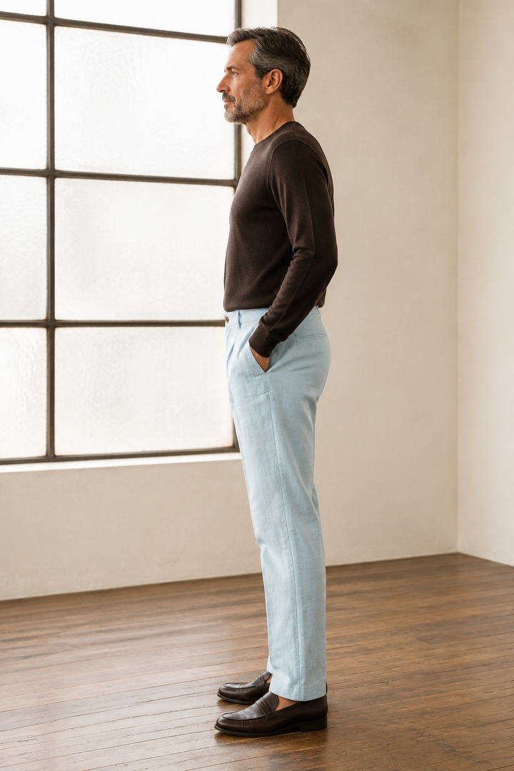 Light blue tapered ankle trousers side view