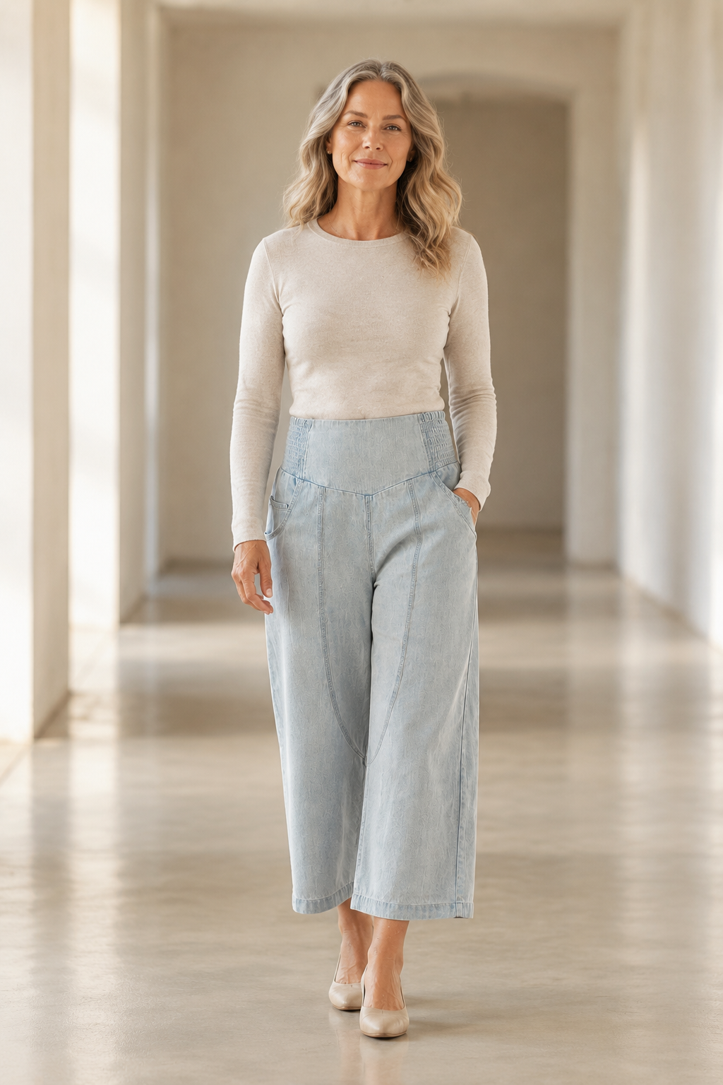 Cotton Linen Wide Leg Pants on a mature woman in an empty hallway