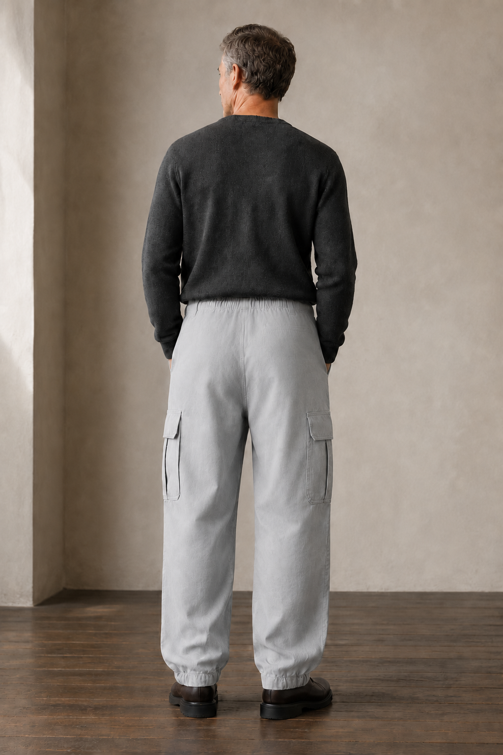 Grey cotton multi pocket cargo trousers back view