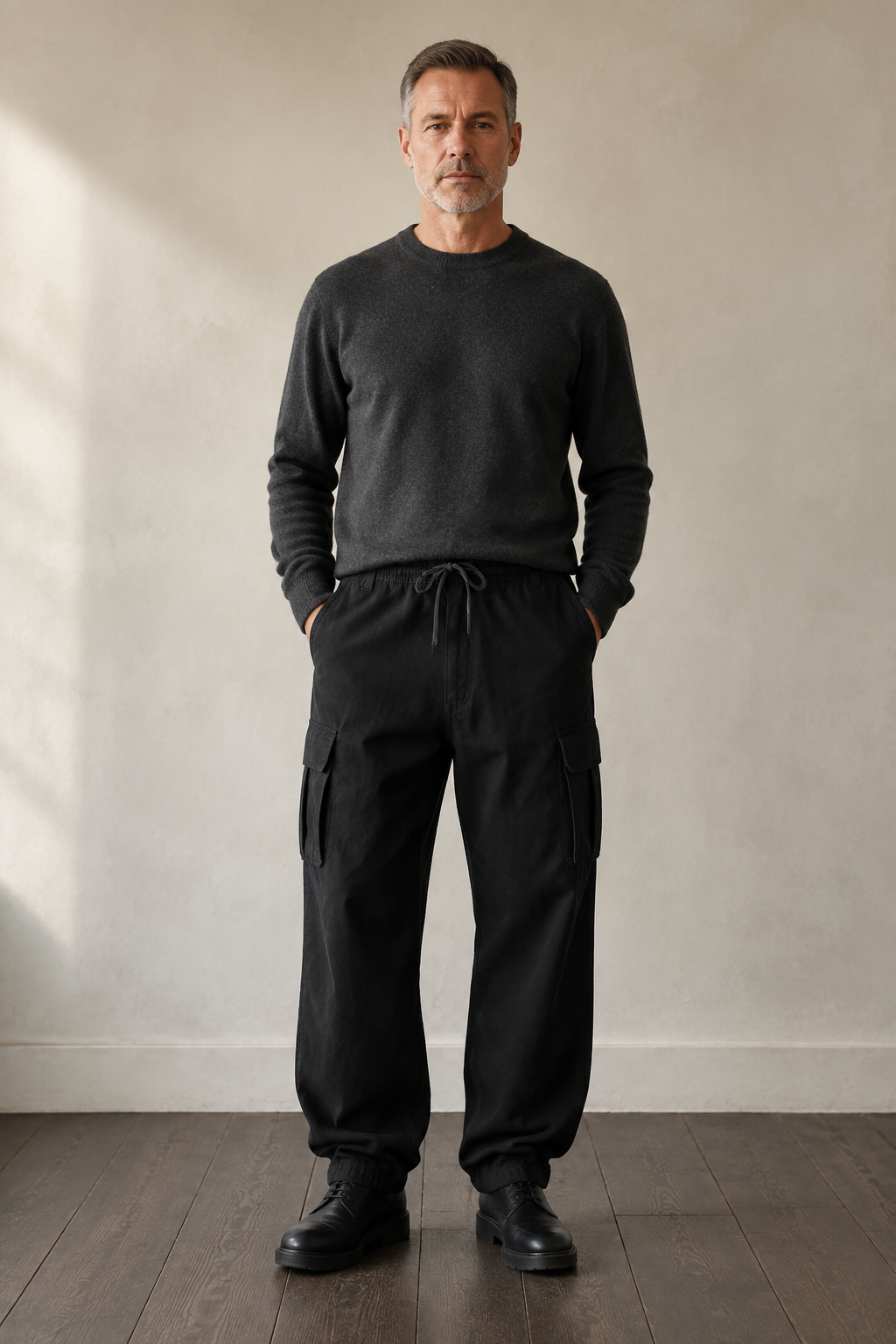 Black cotton multi pocket cargo trousers front hero