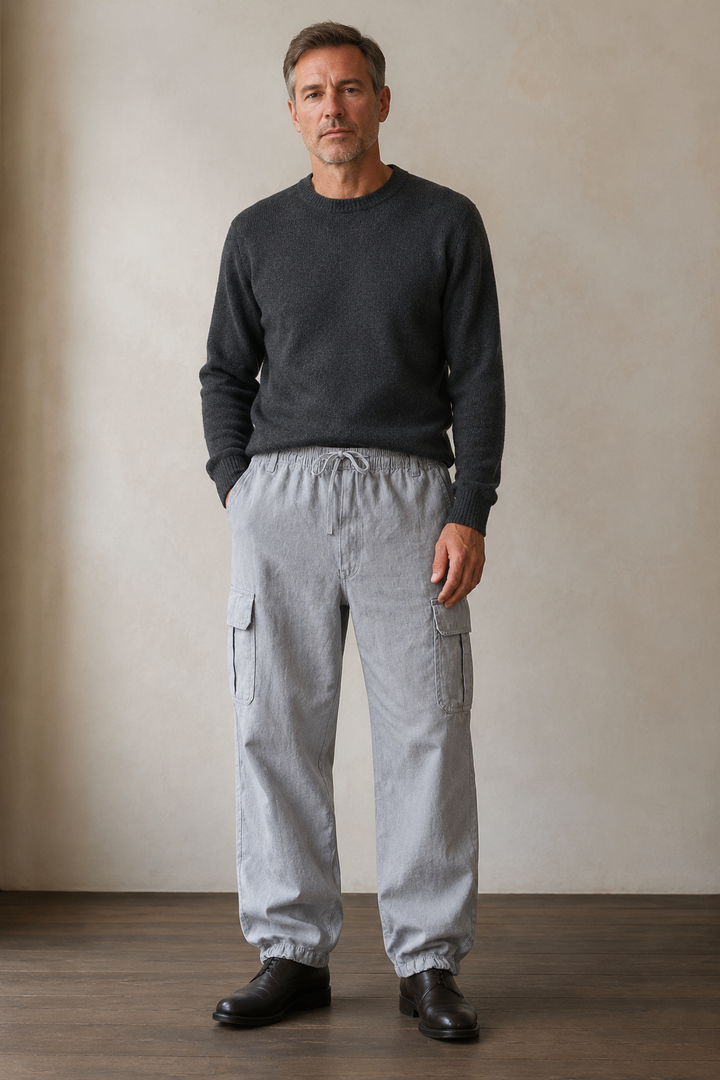 Grey cotton multi pocket cargo trousers front hero