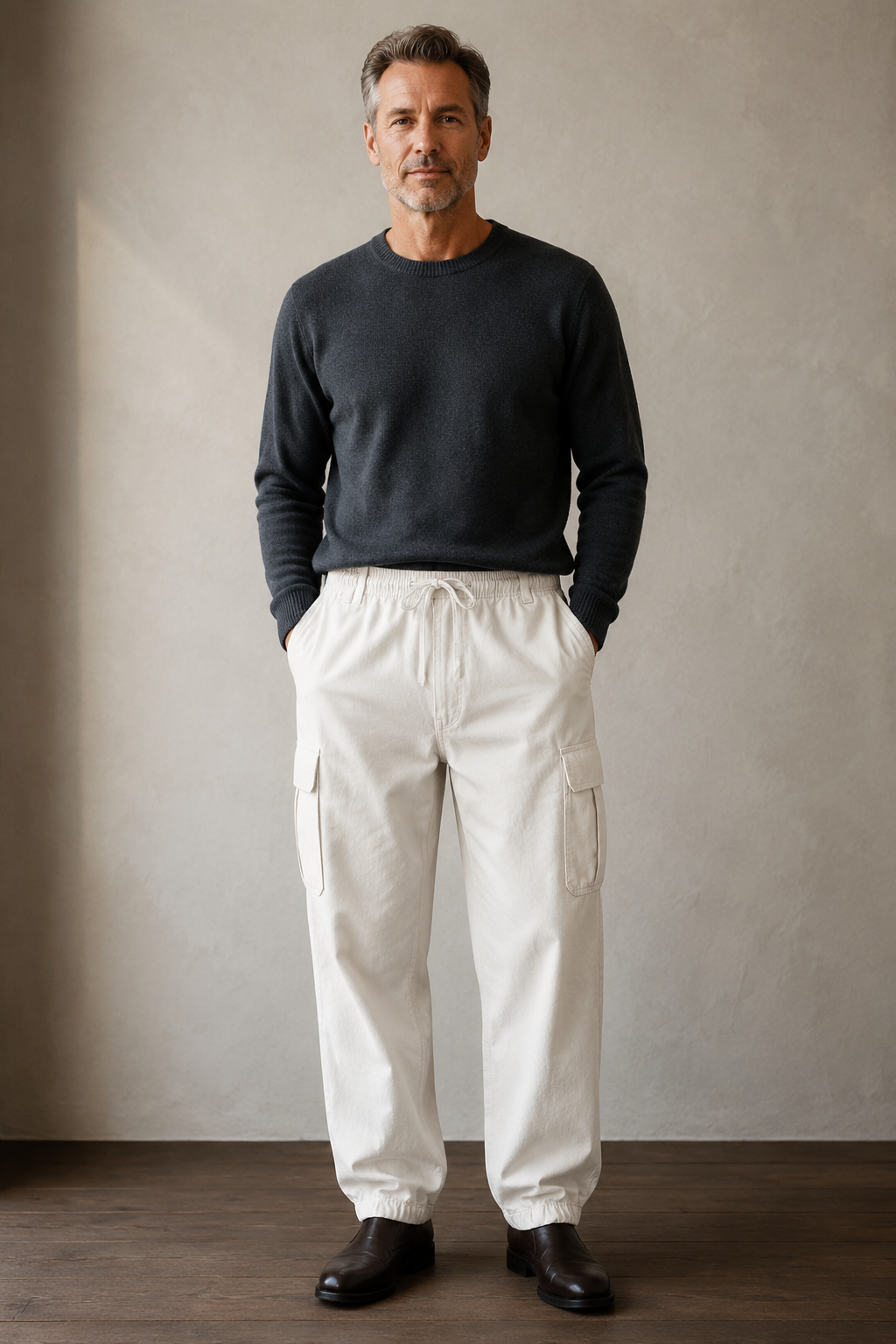 White cotton multi pocket cargo trousers front hero