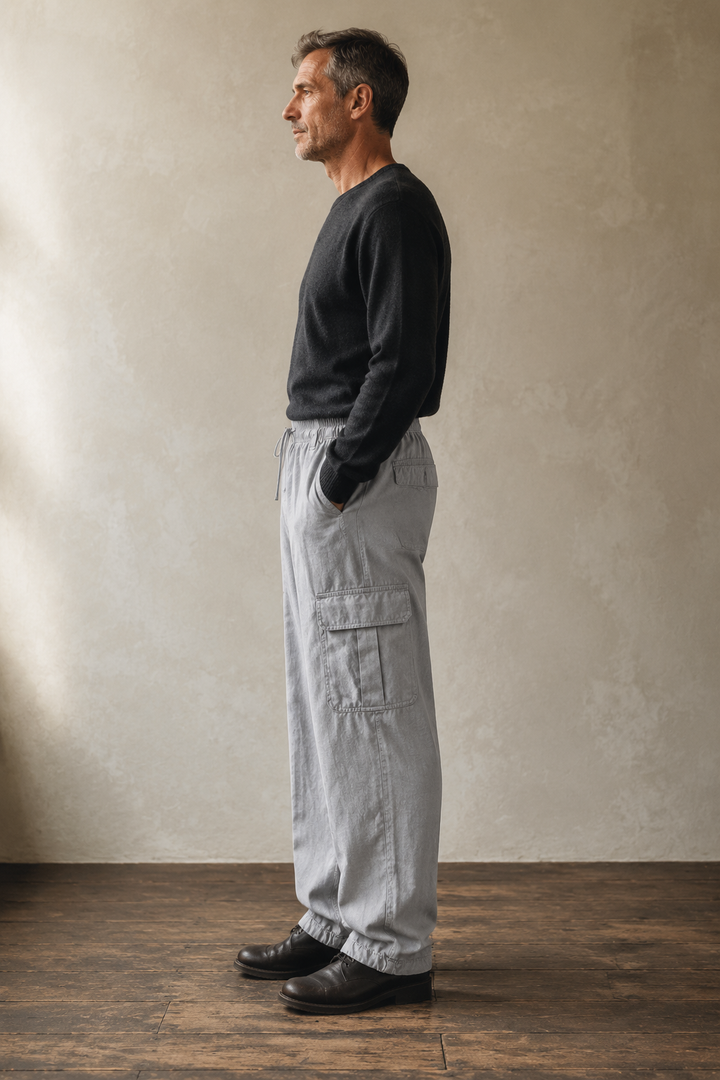 Grey cotton multi pocket cargo trousers side view