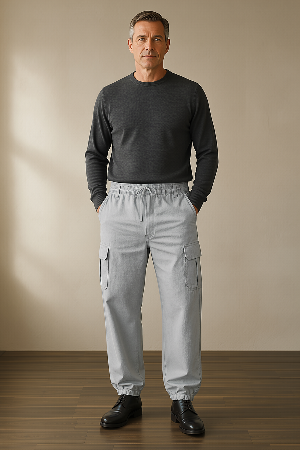 Grey cotton multi pocket cargo trousers waist to hem