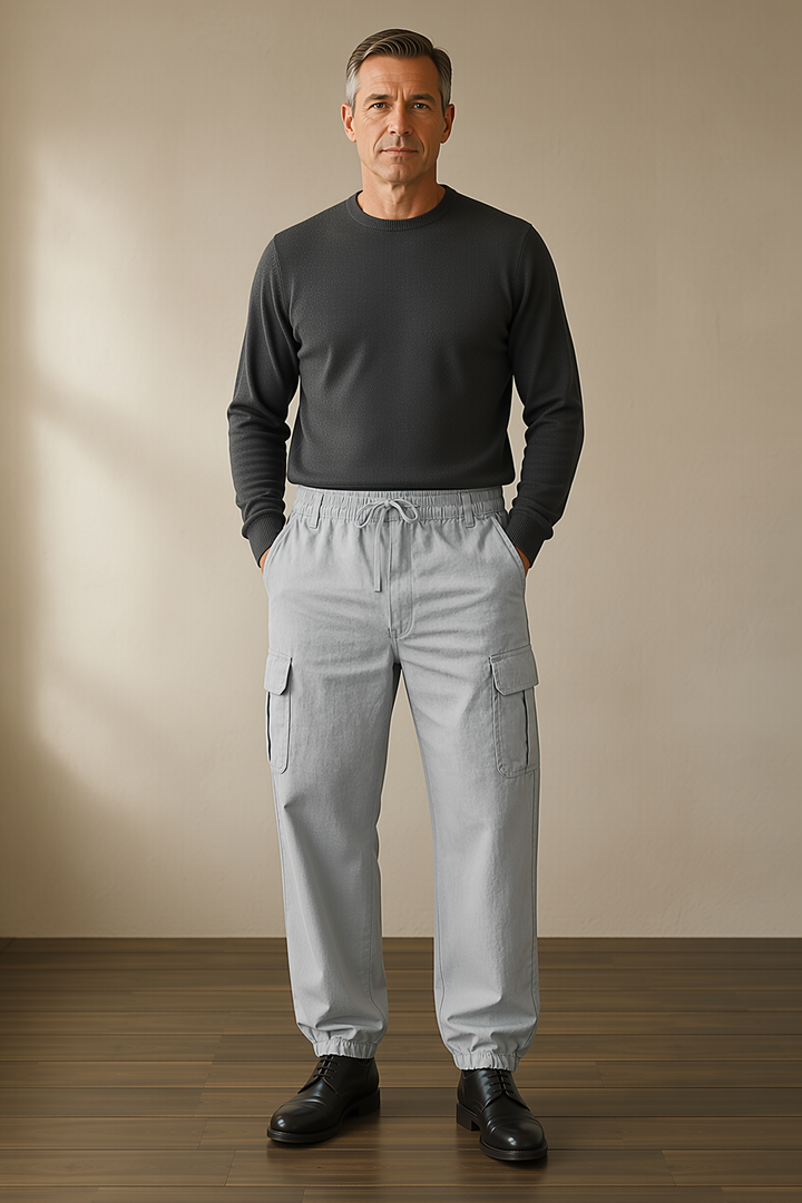 Grey cotton multi pocket cargo trousers waist to hem