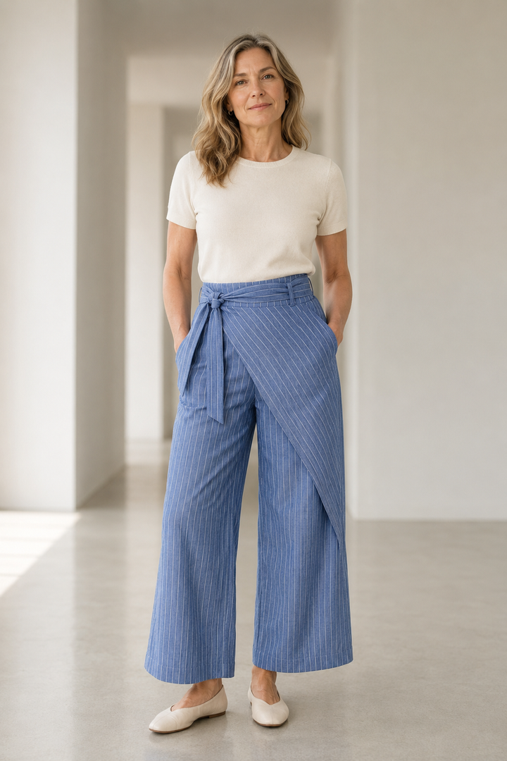 Cotton Pinstripe Wrap Front Trousers
