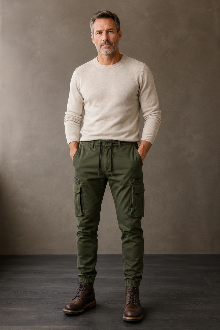 Army green slim fit cargo joggers front hero