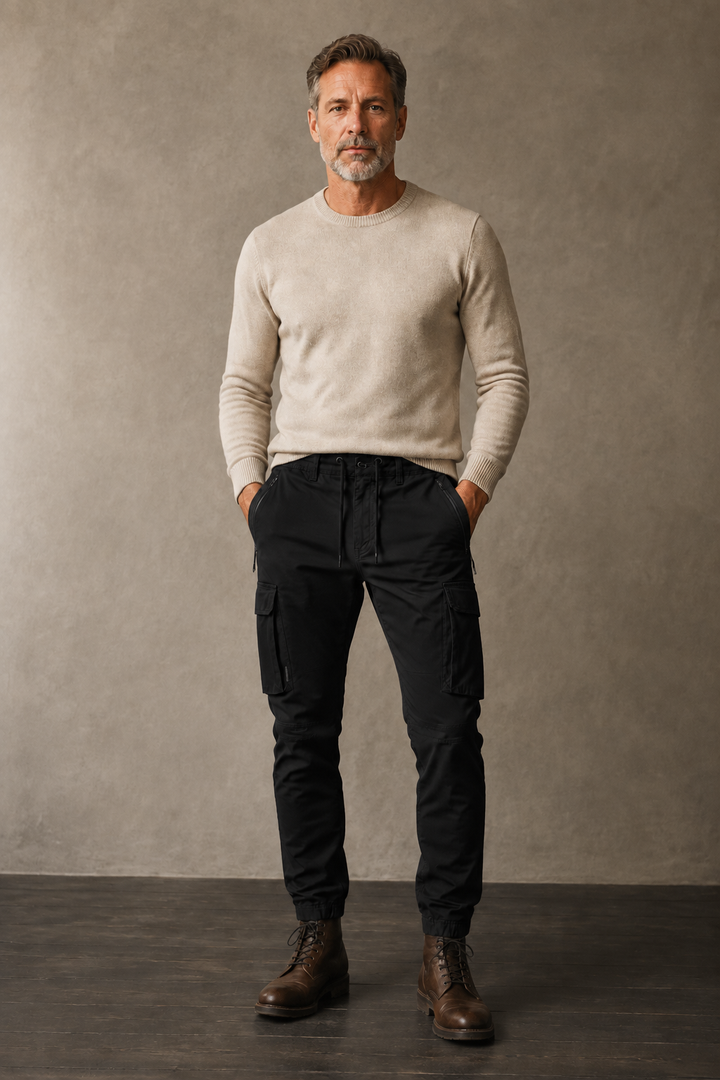 Black slim fit cargo joggers front hero