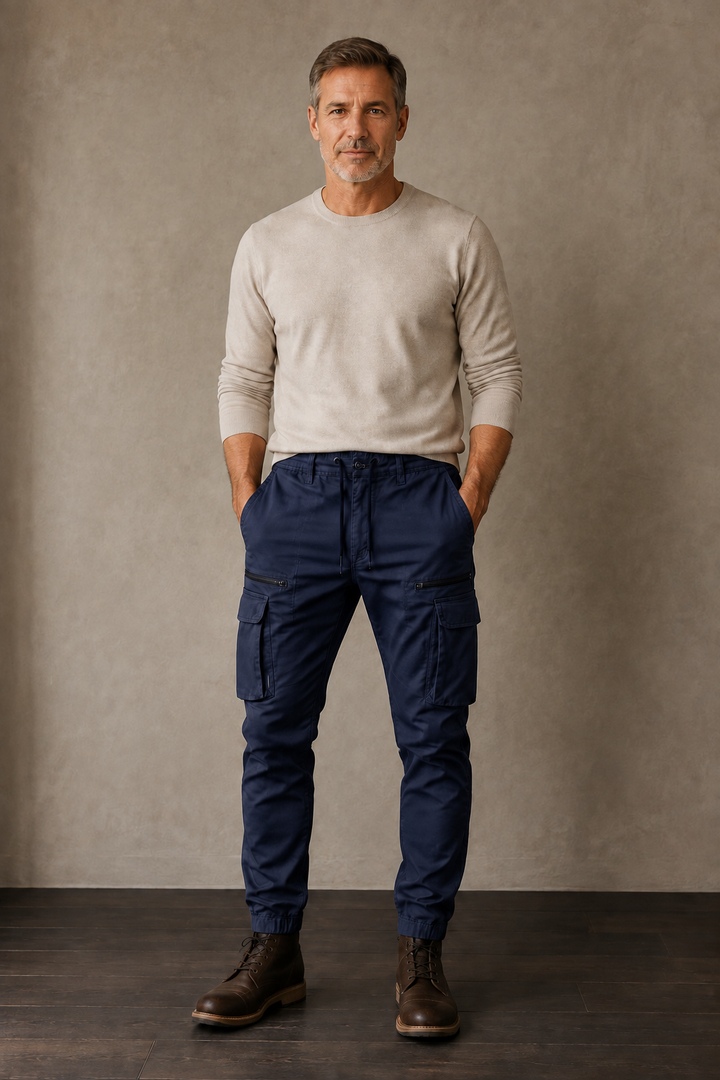 Navy slim fit cargo joggers front hero