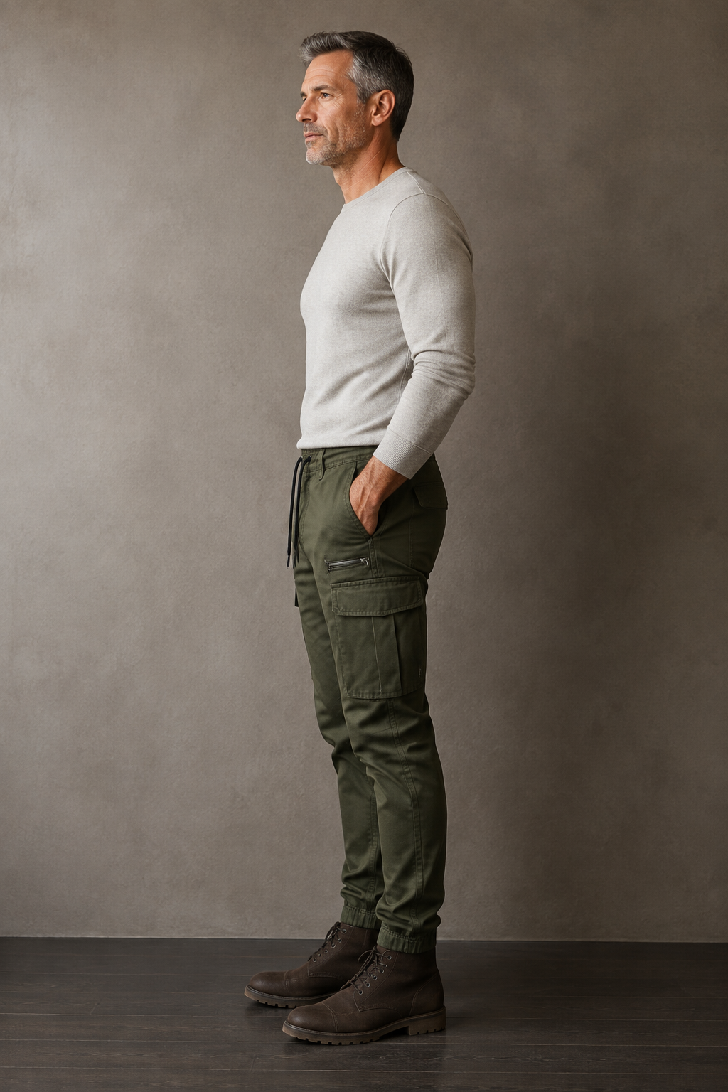 Army green slim fit cargo joggers side view