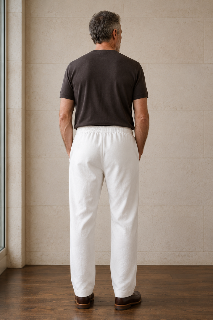 White cotton straight leg trousers back view