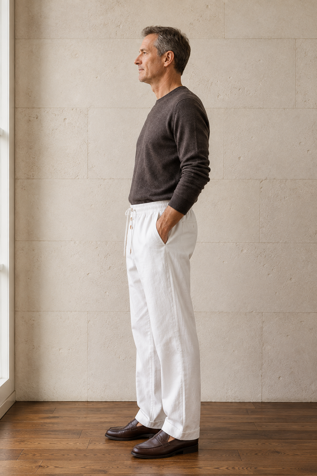 White cotton straight leg trousers side view