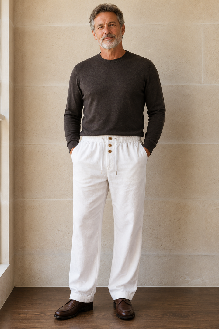 White cotton straight leg trousers waist to hem
