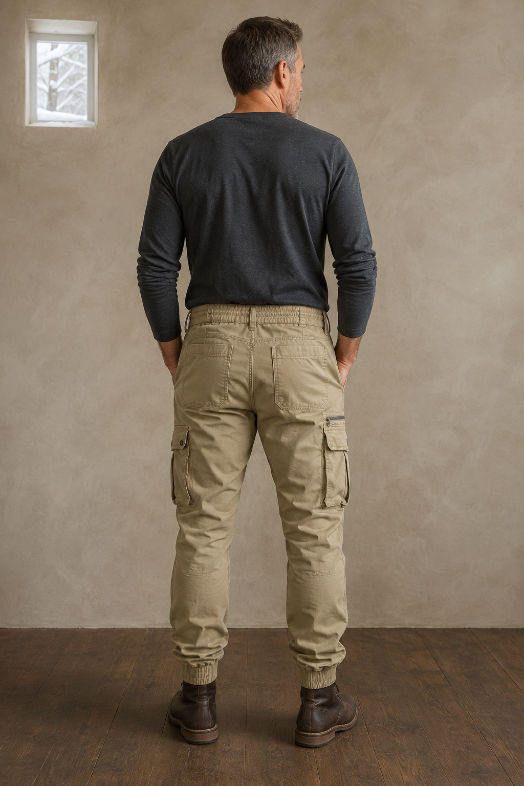 Cotton Utility Pocket Trousers in Olive – back view