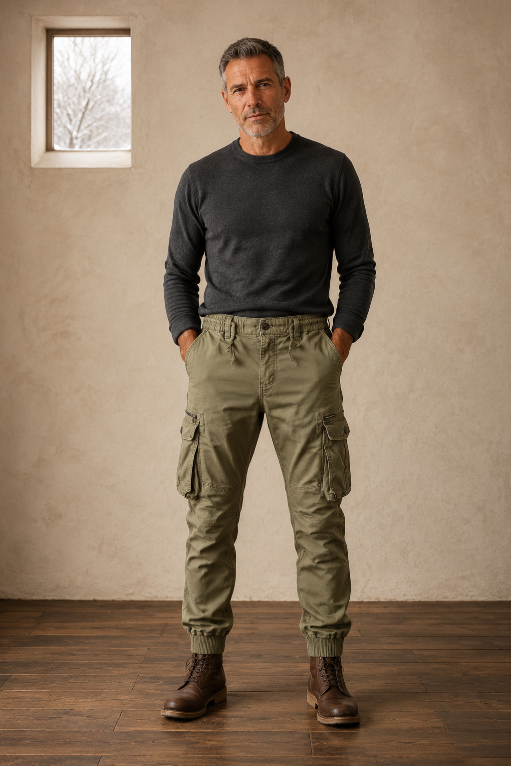 Cotton Utility Pocket Trousers in Army Green – front hero