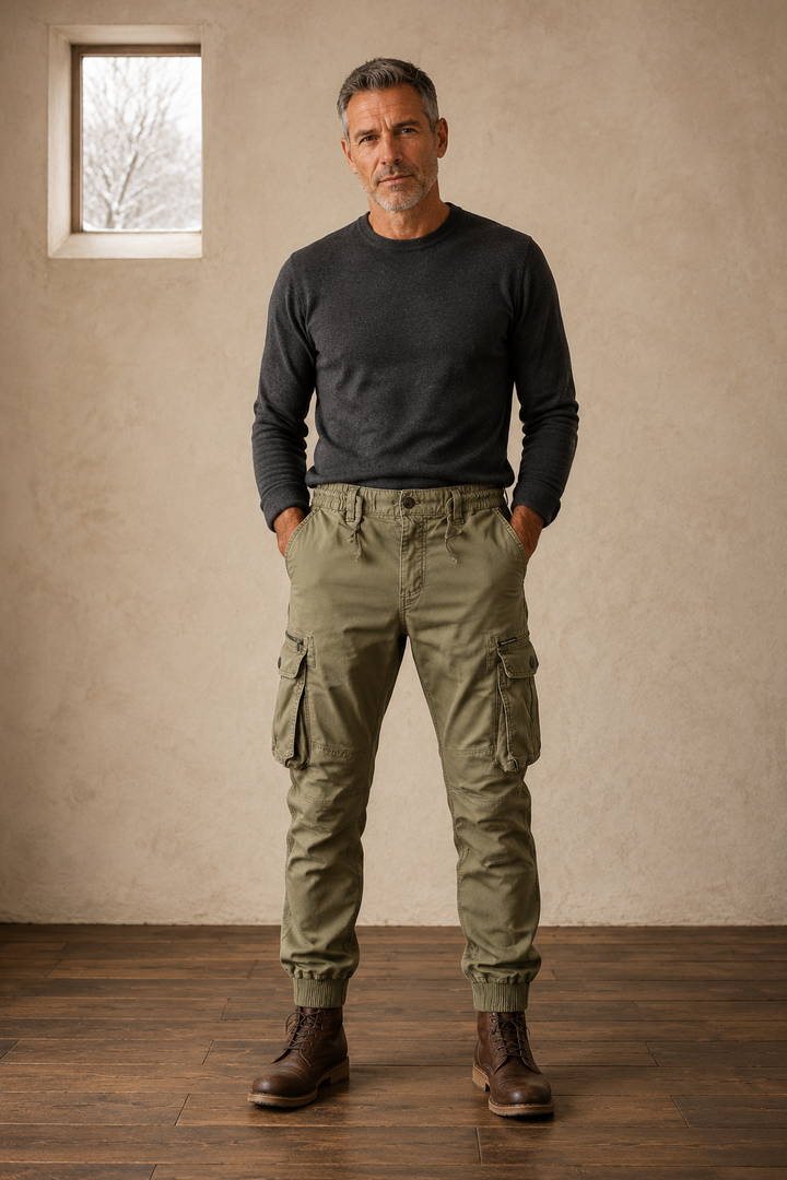 Cotton Utility Pocket Trousers in Army Green – front hero