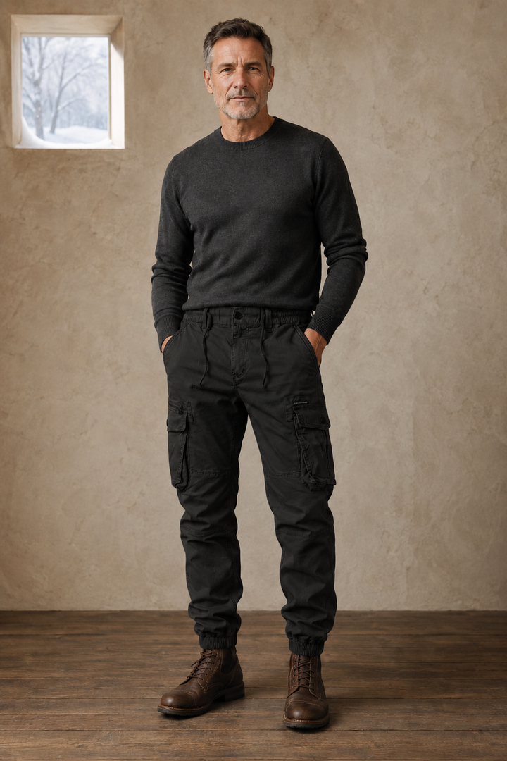 Cotton Utility Pocket Trousers in Black – front hero