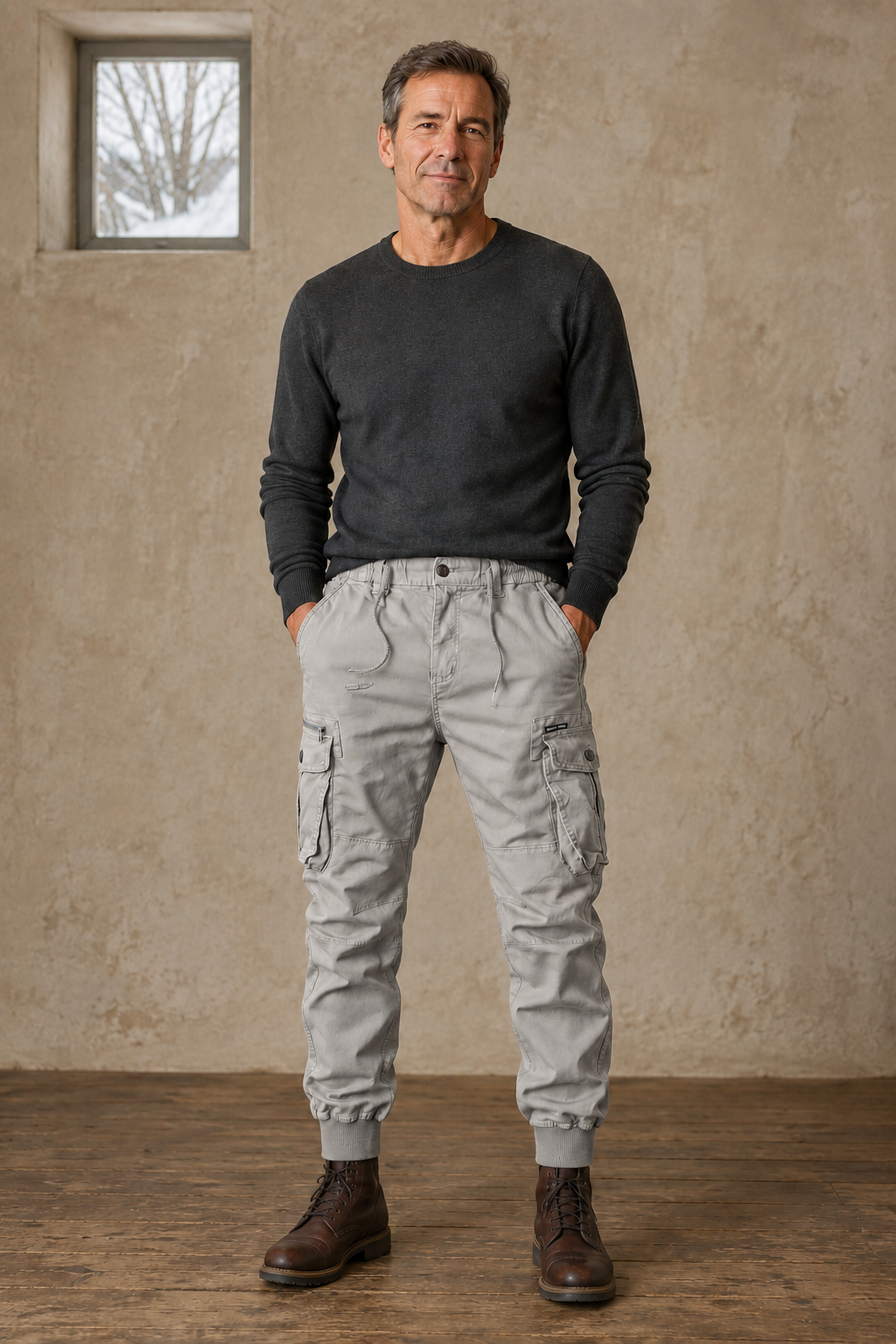 Cotton Utility Pocket Trousers in Light Grey – front hero