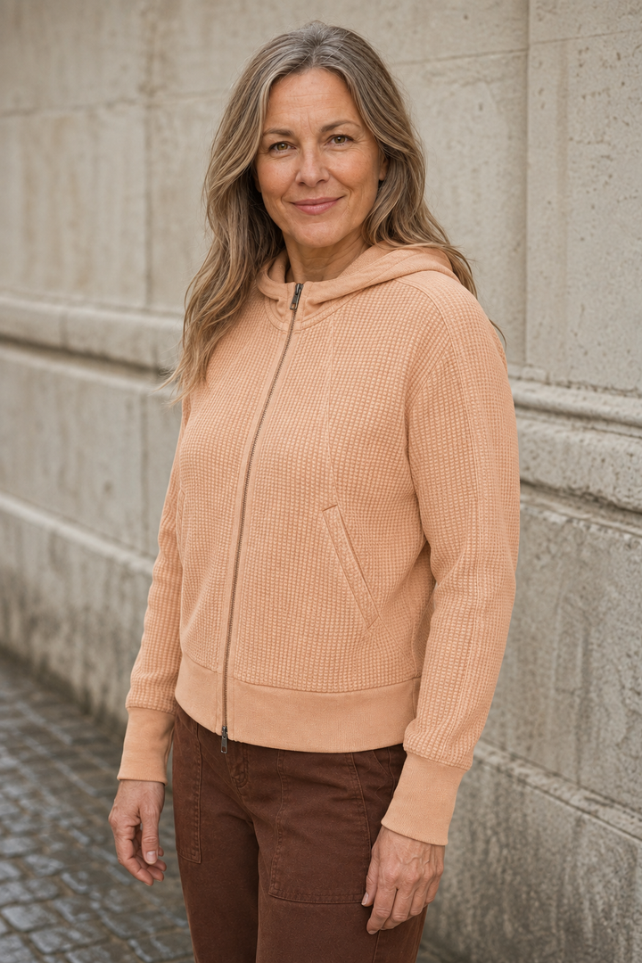 Cotton Waffle Knit Zip Hoodie - Apricot
