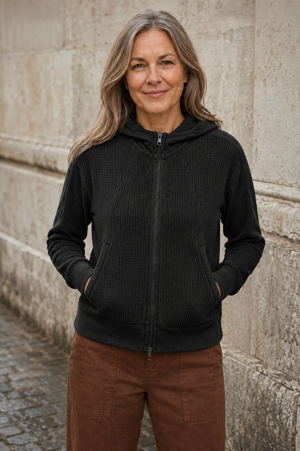 Cotton Waffle Knit Zip Hoodie - Black