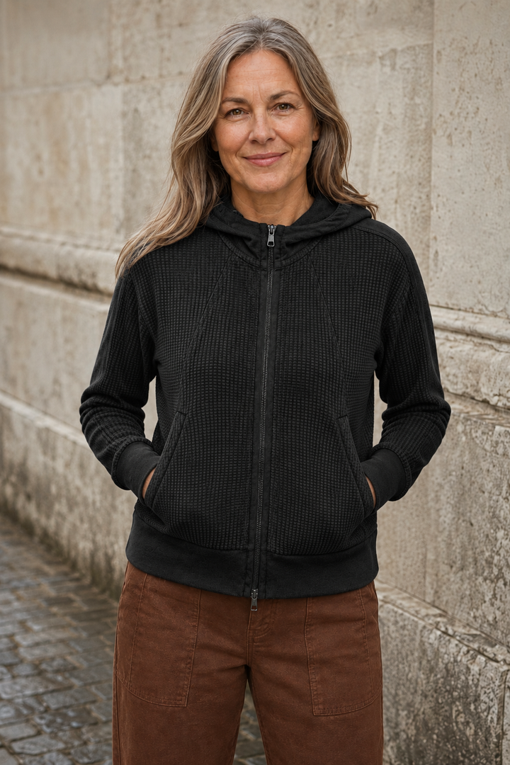 Cotton Waffle Knit Zip Hoodie - Black