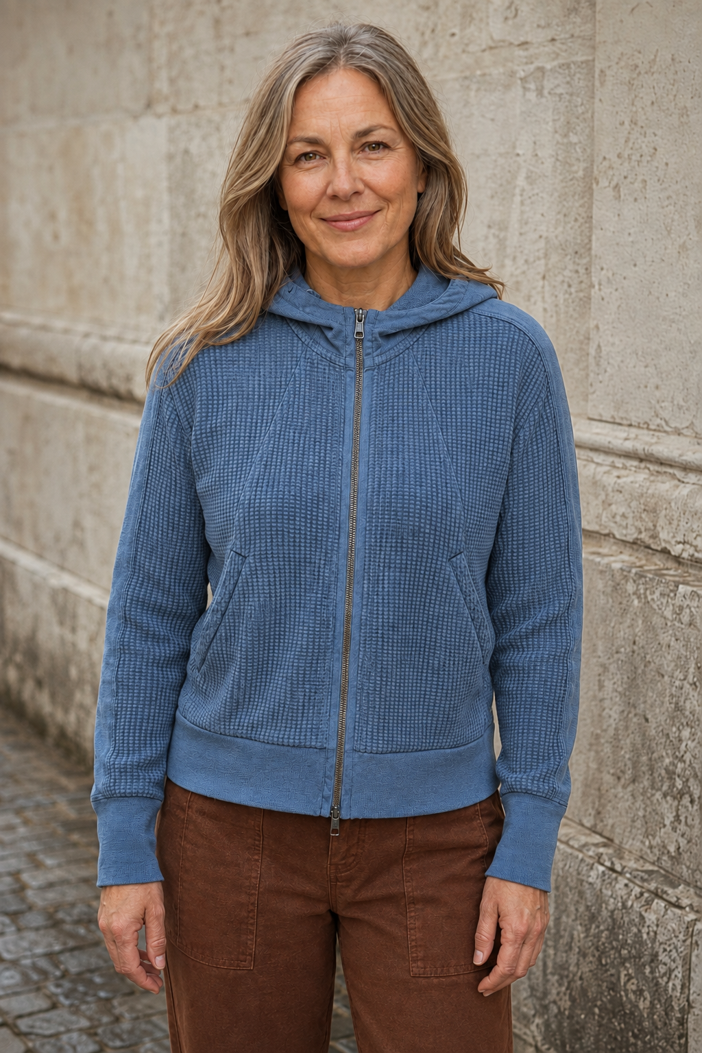 Cotton Waffle Knit Zip Hoodie - Blue