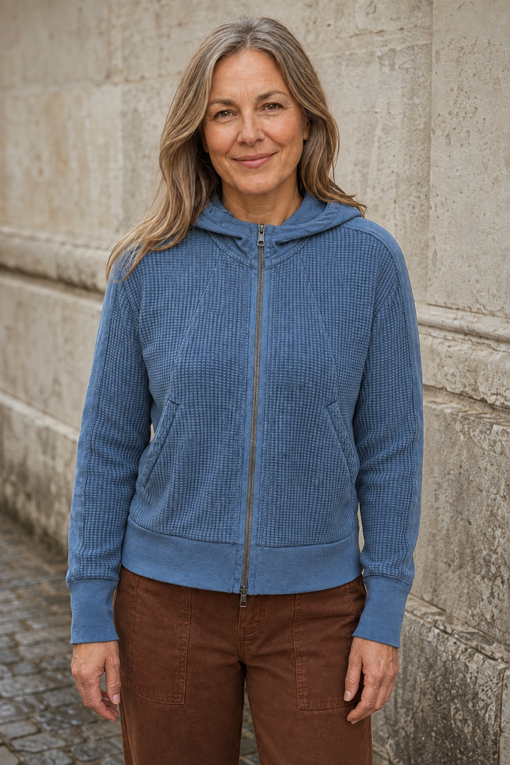 Cotton Waffle Knit Zip Hoodie - Blue