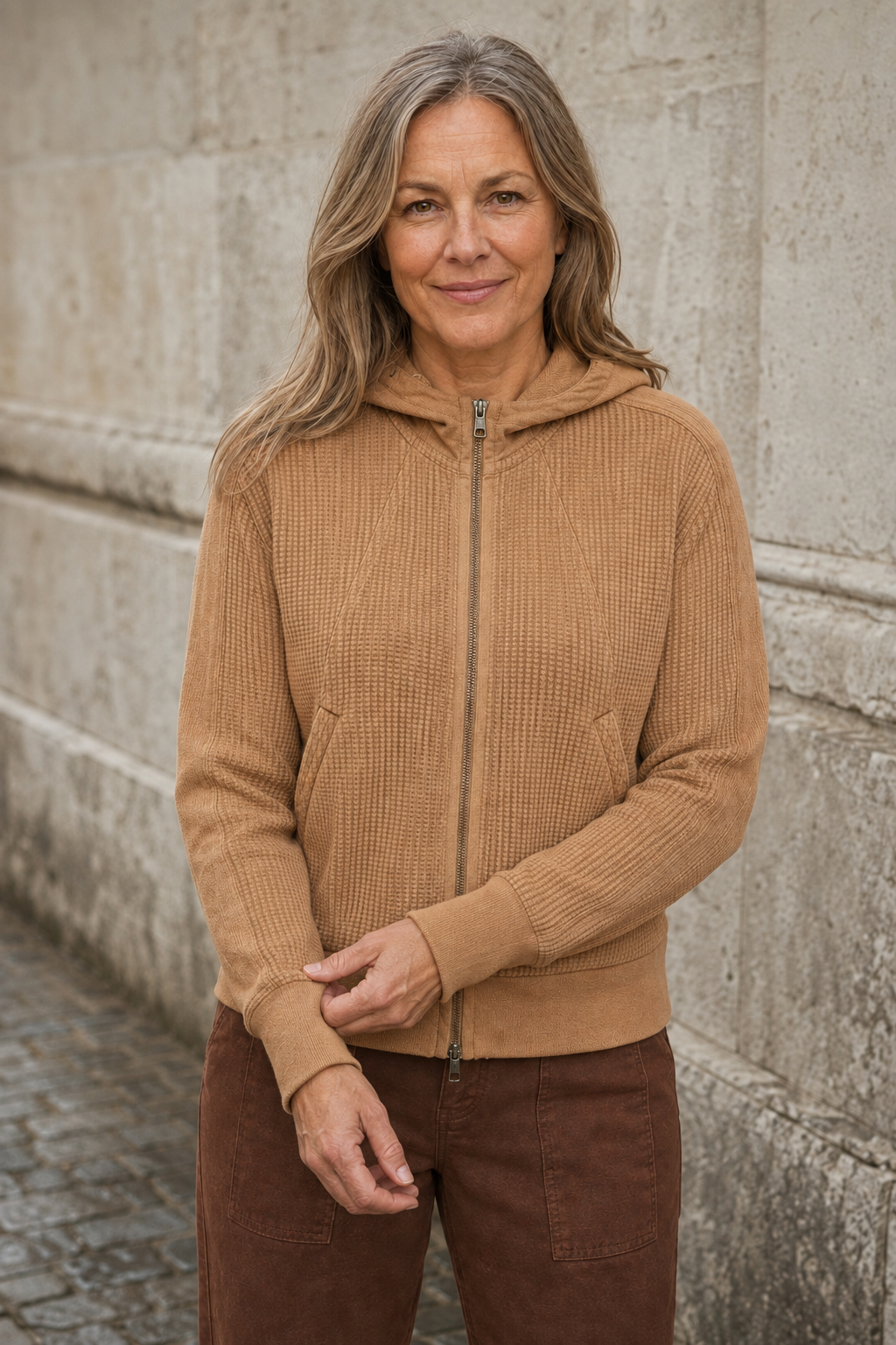 Cotton Waffle Knit Zip Hoodie - Camel
