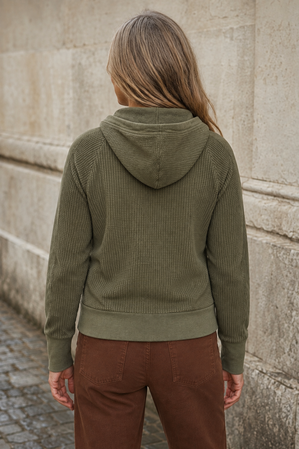 Cotton Waffle Knit Zip Hoodie - Green