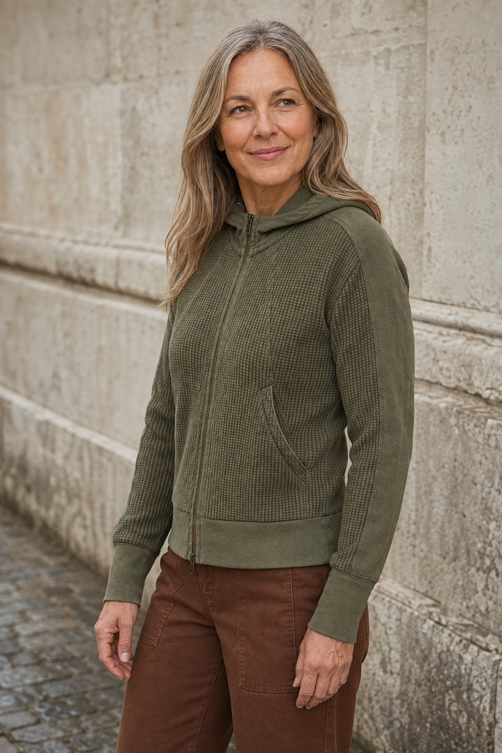 Cotton Waffle Knit Zip Hoodie - Green
